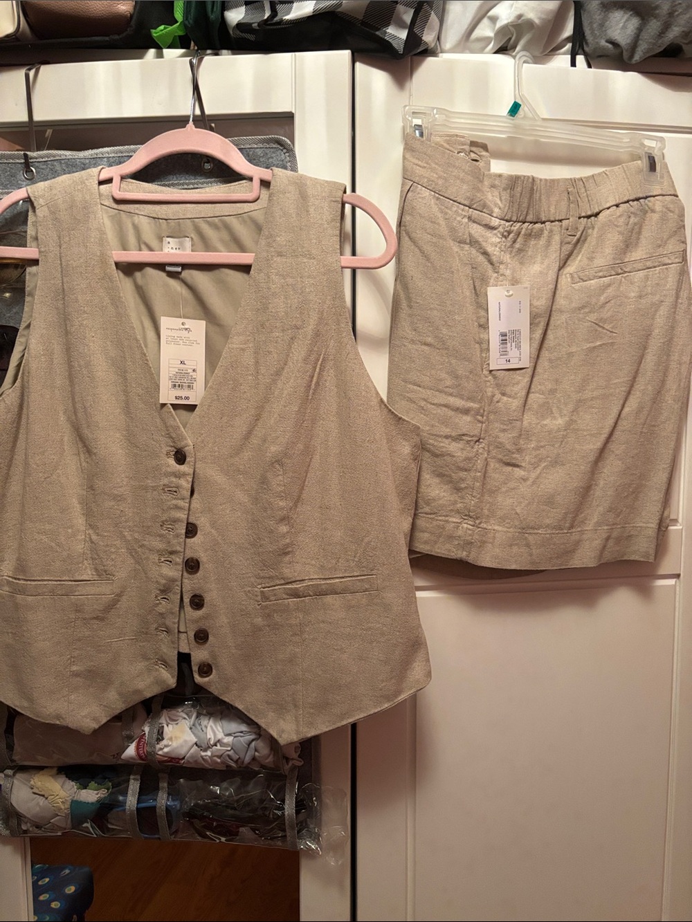 Beige Linen-Blend Short Set with Tailored Vest - Casual Chic